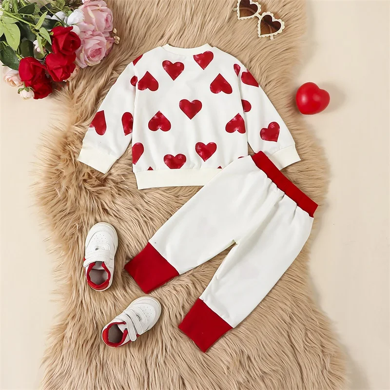 Suefunskry Baby 2Pcs Valentine’s Day Outfits Long Sleeve Heart Print Sweatshirt + Pants Set Toddler Clothes 3-24Months