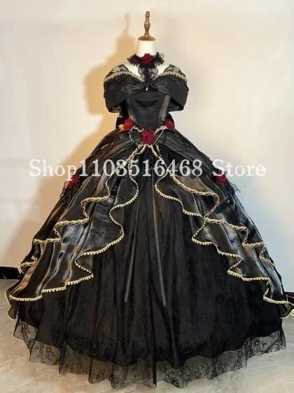 Vintage Victorian Prom Dress Black Gothic Fantasy Strapless Lolita Corset Corset Gold Lace Appliqued Puffy Dresses Gala