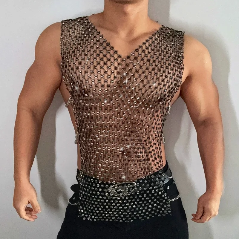 2025 Summer New Fishnet Sleeveless Men's Vest Sexy Personality Breathable Loose Casual Hollow Fashion Trend Vest