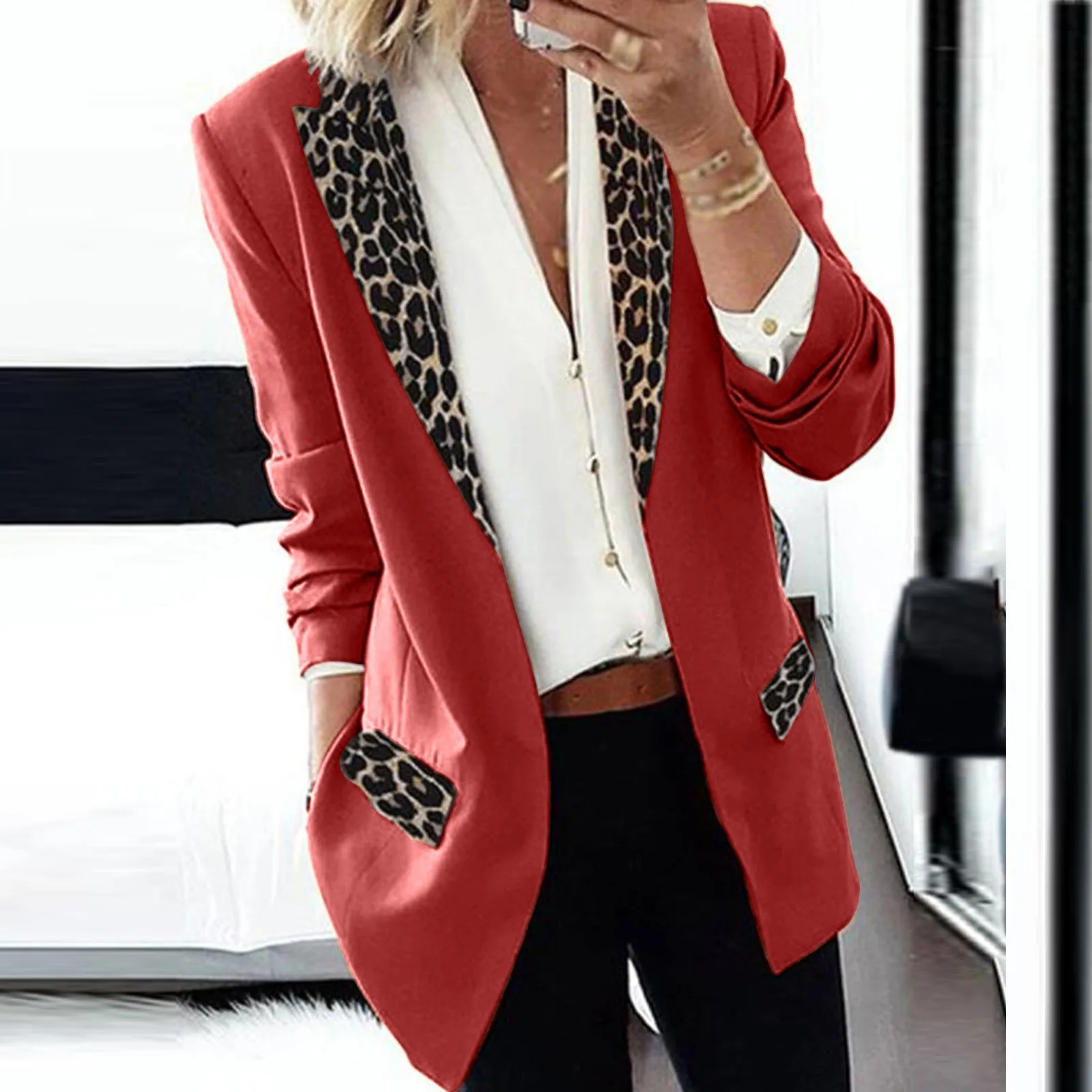 Fashion Office Lady Jacket Blazer Women Cardigan Thin Long Sleeve Leopard Print Elegant Small Suit Coat Oversize