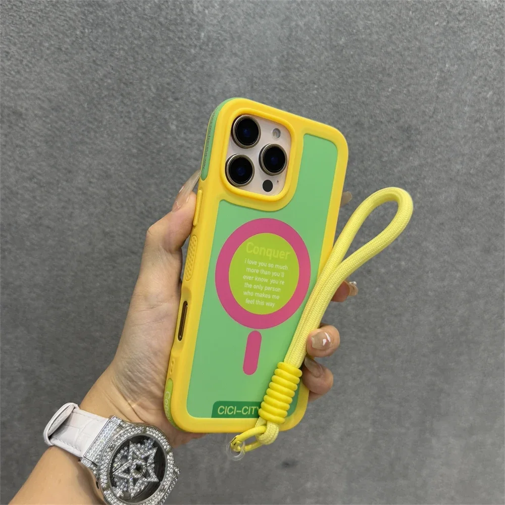 Luxury With Lanyard For Magsafe Matte Silicone Phone Case For IPhone 14 15 16 Pro Max Magnetic Wireless Charge Bumper Back Cover
