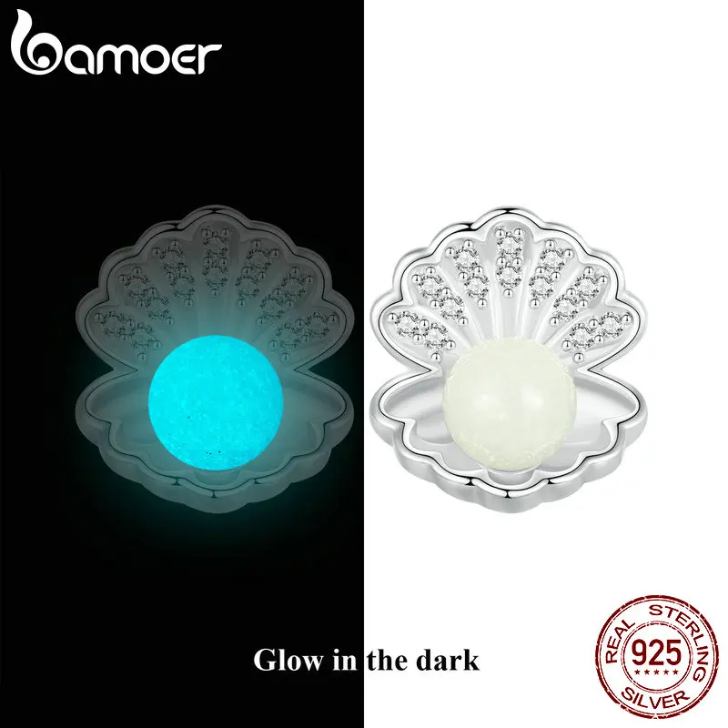 BAMOER 925 Sterling Silver Night Pearl Shell Stud Earrings Luminous Stone Hypoallergenic Earrings Glowing in the Dark Jewelry