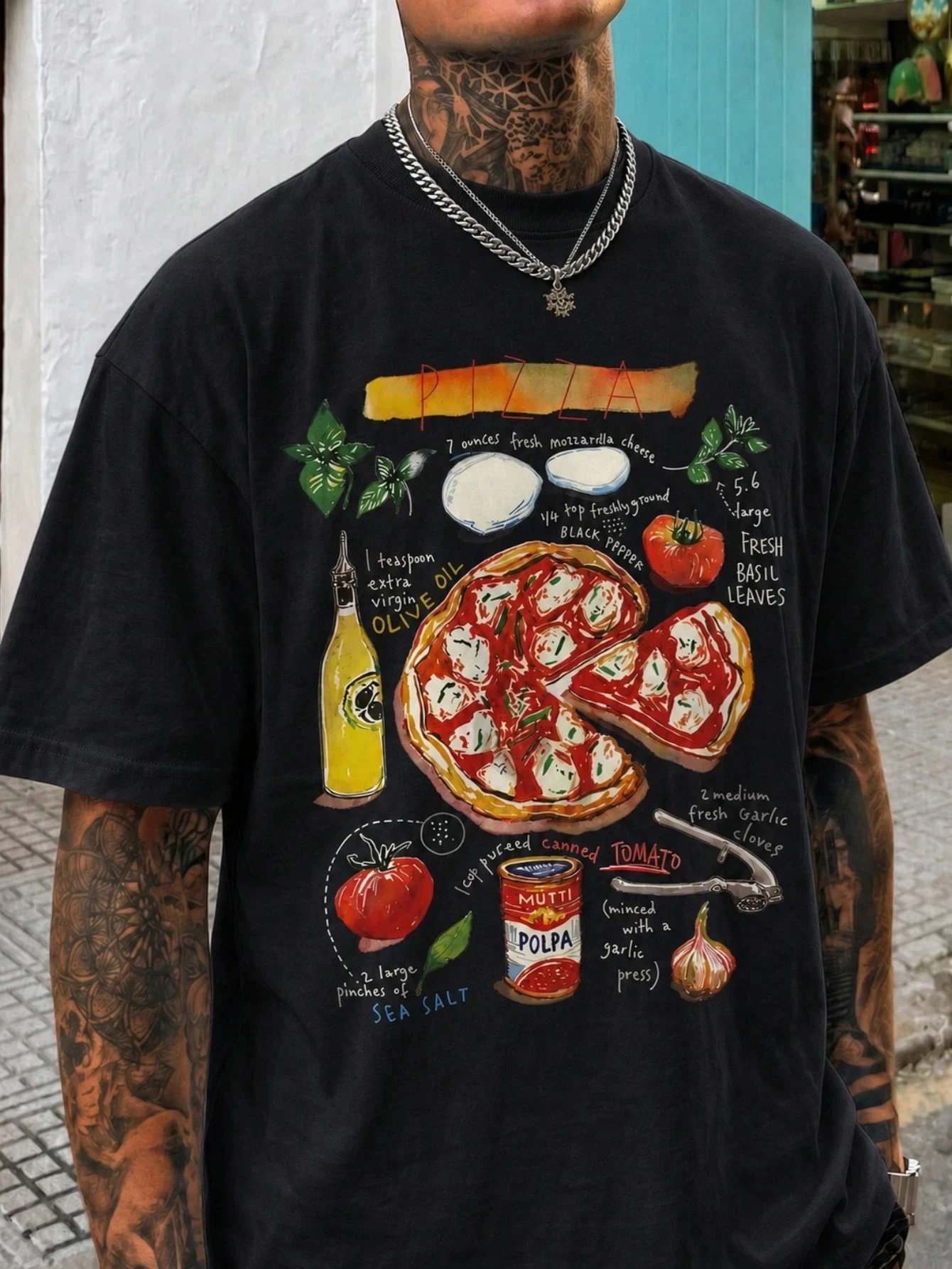 Men's Pizza Recipe Print Loose Fit T-Shirt, Soft Touch Apricot Casual Street T-Shirt, Soft Touch Apricot Cas
