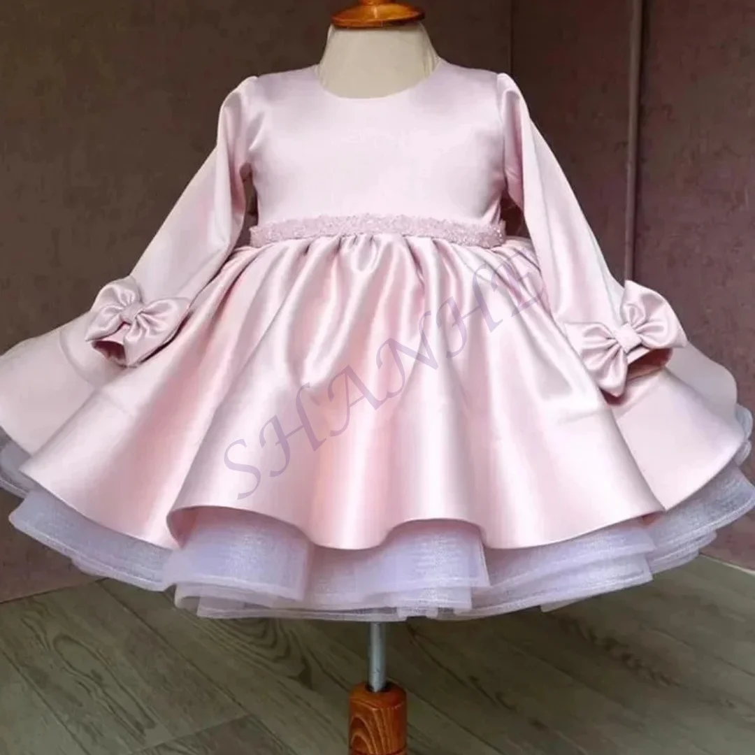 Customized Pink Flower Girl Dress For Wedding Satin Knee Length Puffy With Bow Kids Birthday Party Formal Events Pageant Gown
