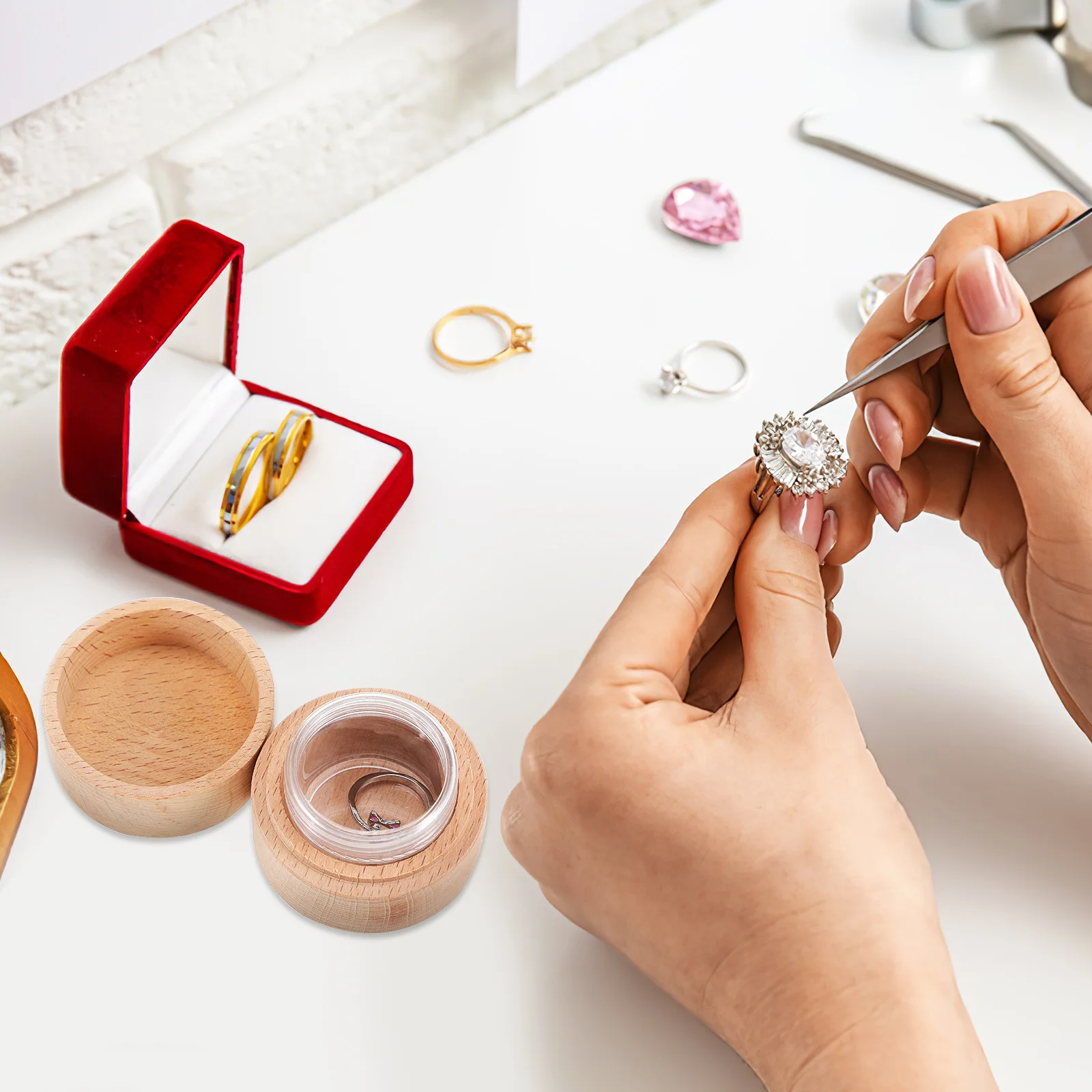 

1Set Beech Wood Ring Box Small Round Jewelry Holder Clear Lidded Storage Case Mini Ring Organizer Wedding Engagement Display