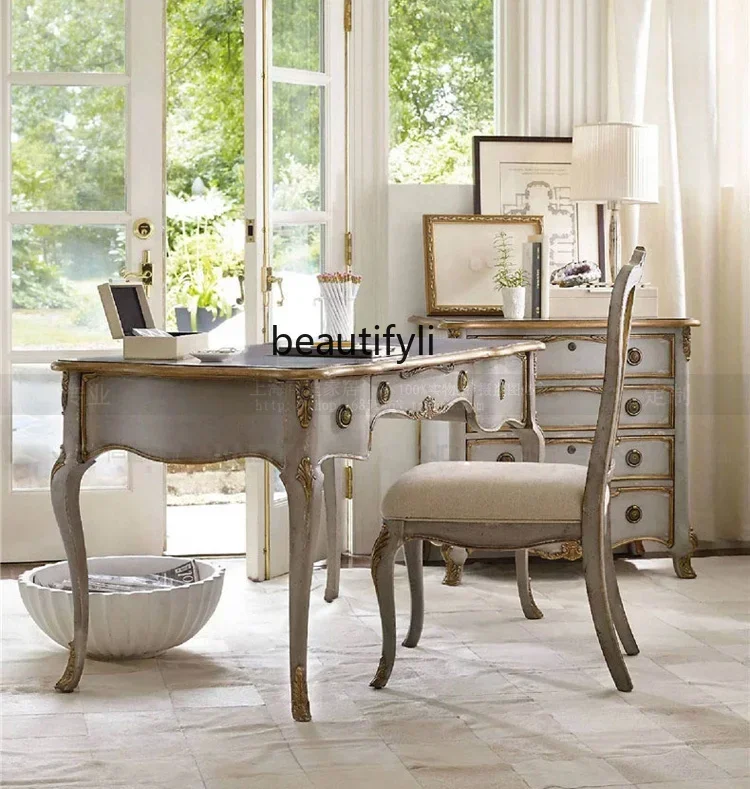 

High-end light luxury factory custom study furniture American French European old solid wood desk