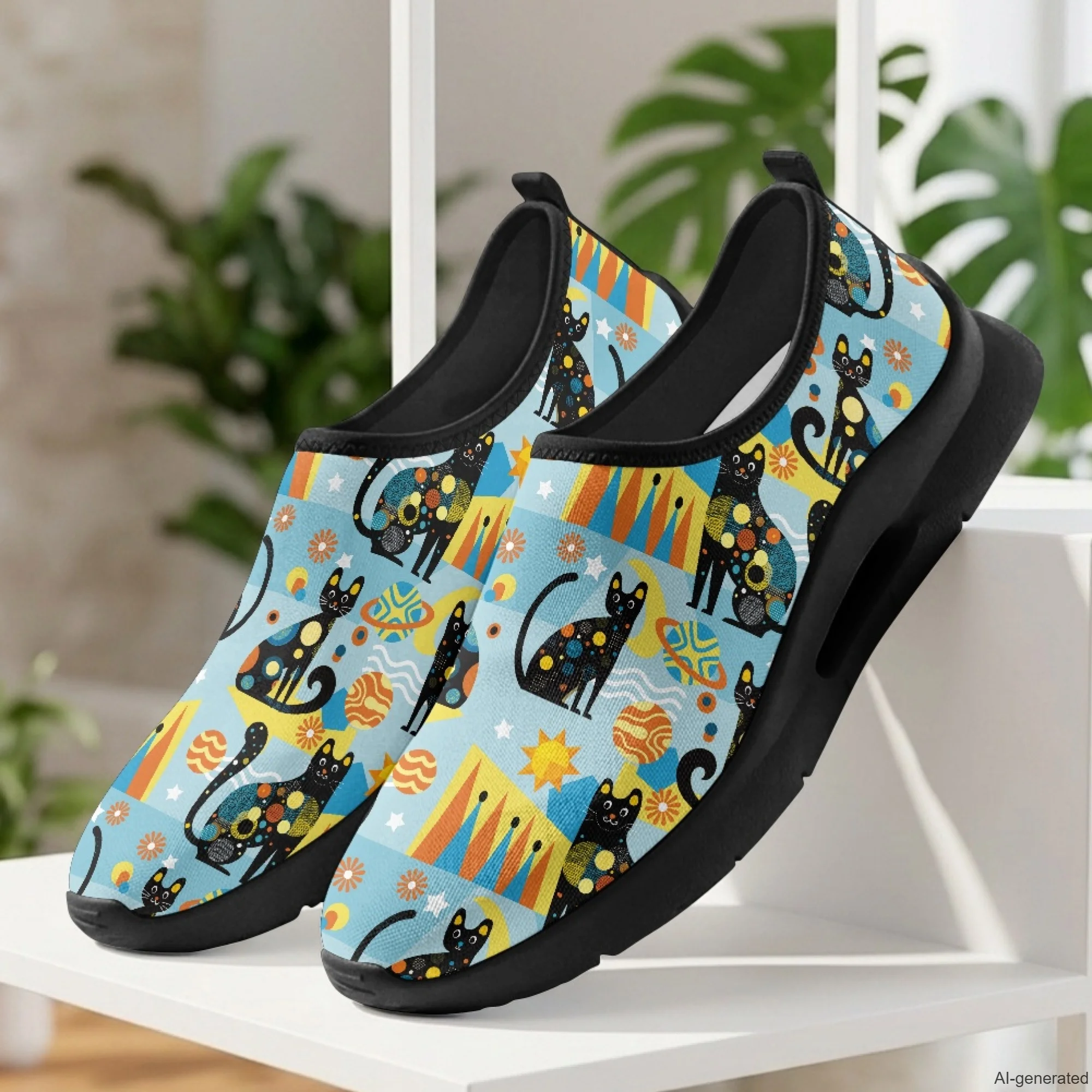 XIXIRIMIDO Mens Casual Shoes Slip On Walking Sneakers Women Gym Workout Shoes Black Cat Print Breathable Mesh Shoes 35-48