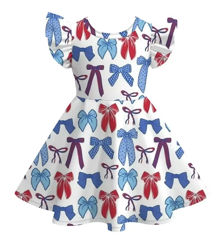Toddler Girl 4th of July Bow  Twirl Dress Kids  Summer Casual USA Flag Ruffle Sleeve Girls Dress