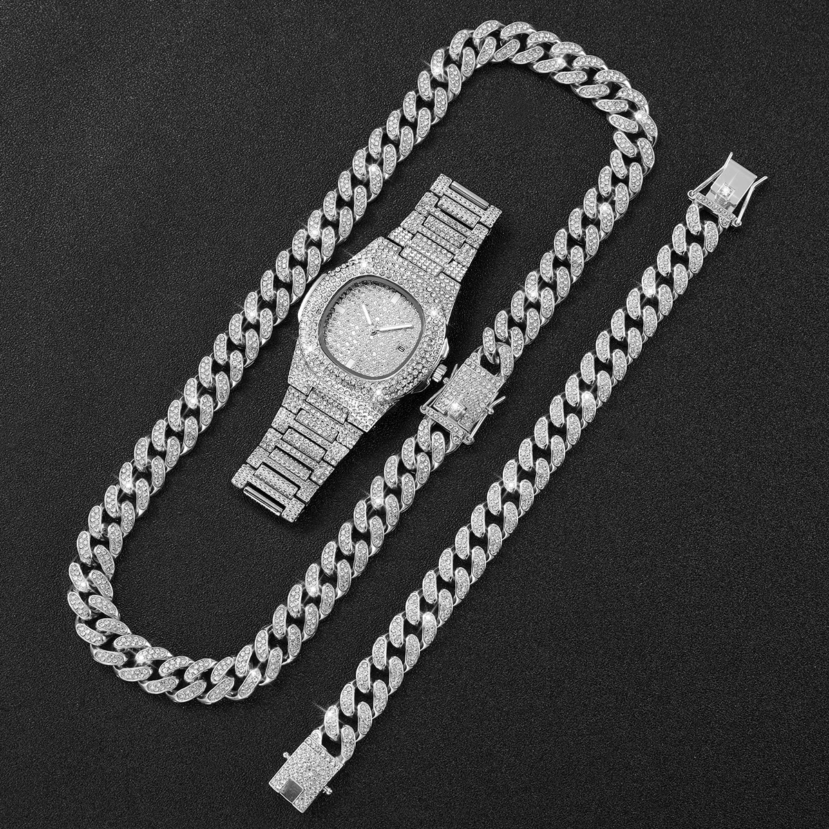 1/2/3PCS Luxury Full Diamond Men's Watches Fashion Hip Pop Quartz Wristwatch with Calendar Jewelry Set