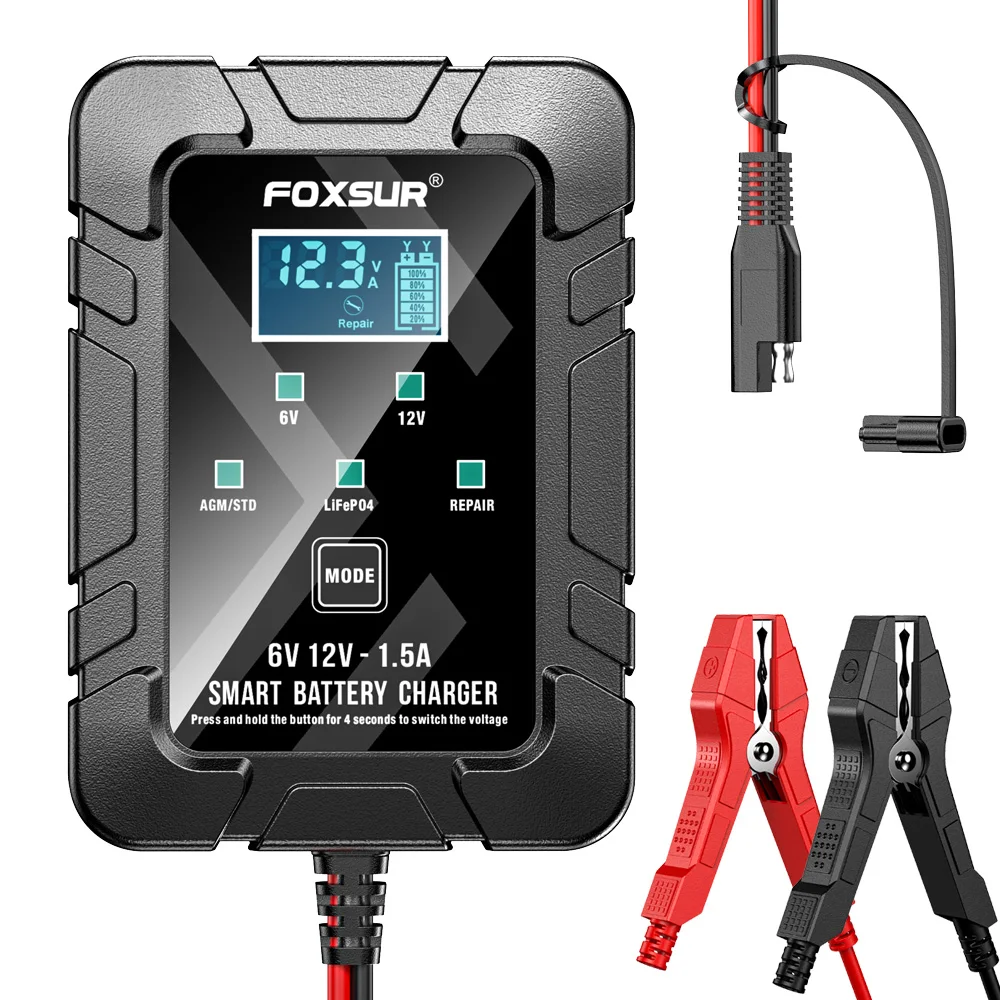 6V 12V 1.5A Fully Automatic Intelligent Car and Motorcycle Battery Charger for AGM GEL, Battery Repair Type Charger