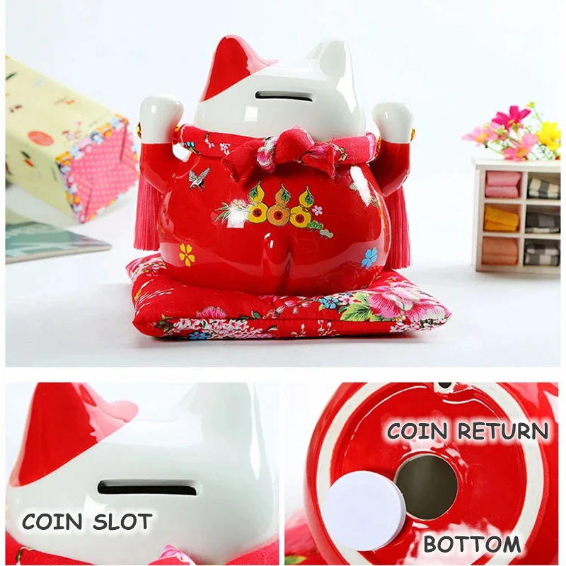 7 inch Ceramic Lucky Cat Statue Maneki Neko Porcelain Fortune Cats Figure Money Bank Feng Shui Decor Ornament Home Centerpiece view 6