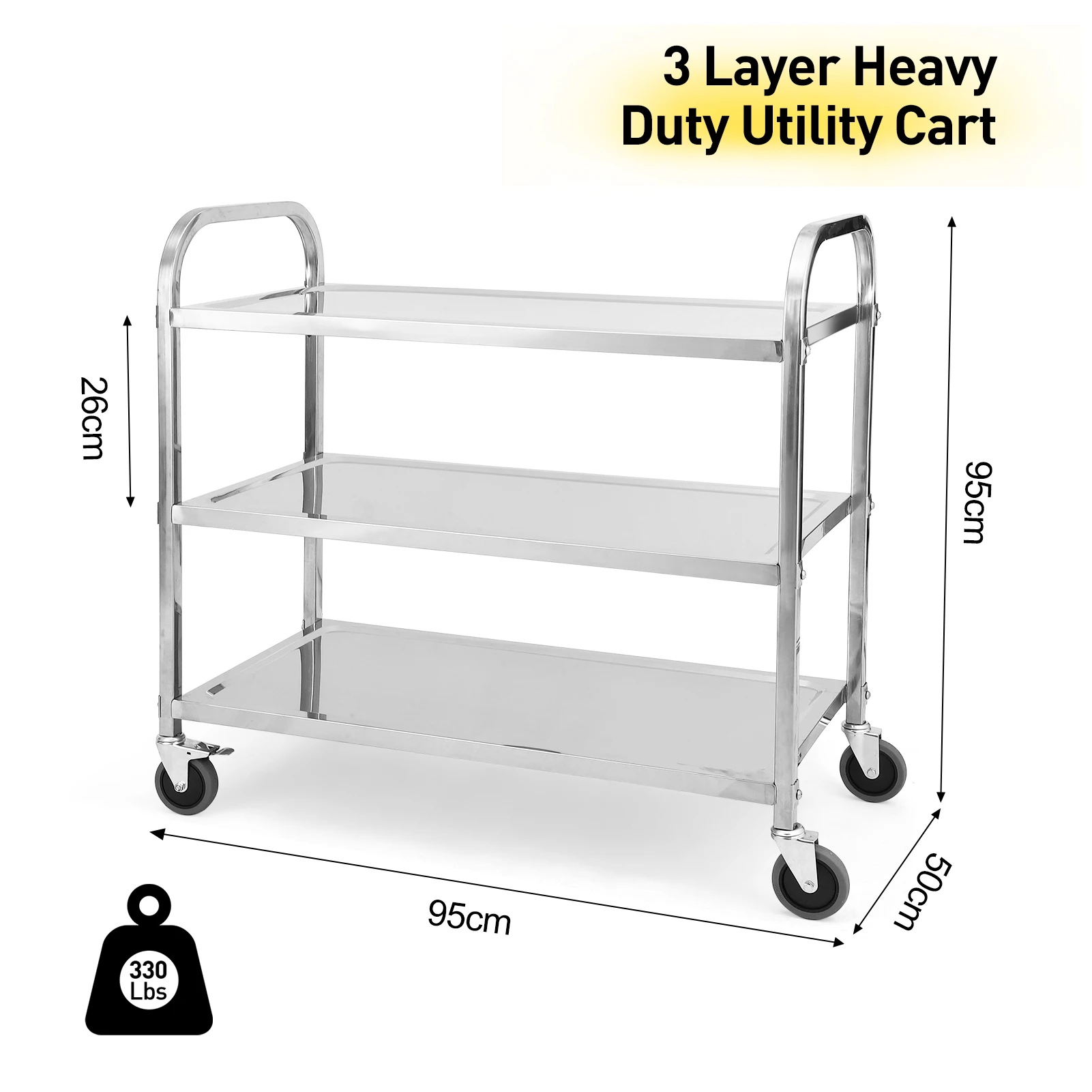 3-Tier Stainless Steel Utility Cart with Wheels - Spacious Trolley, Durable Construction, Silent Brake Wheels, Heavy Duty 330Lbs