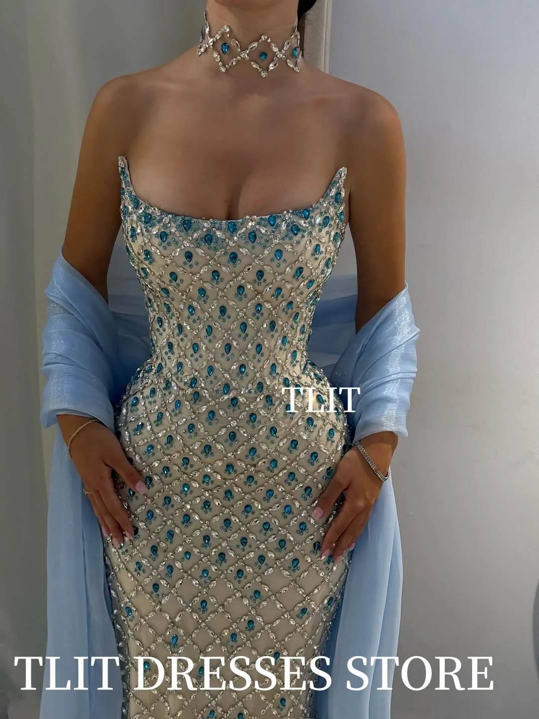 فساتين سهرة بحورية البحر من الساتان اللامع من TLIT مخصصة من فساتين سهرة بدون حمالات بكريستال الأورجانزا شال فساتين حفلات