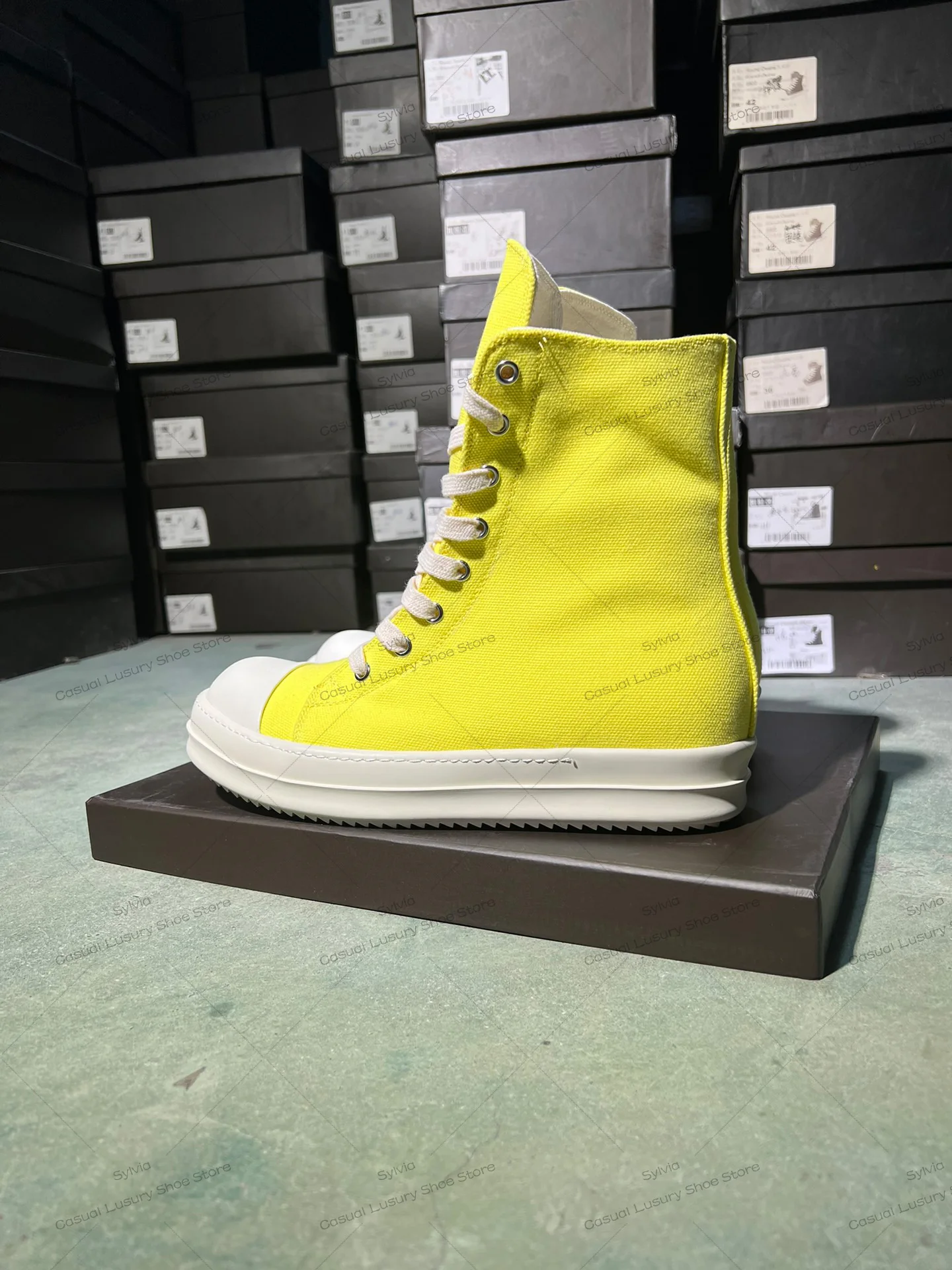 Ricks sapato masculino owens feminino brilhante amarelo exército verde fruta verde lona alta superior sapatos casuais com rendas até zíper owens tênis