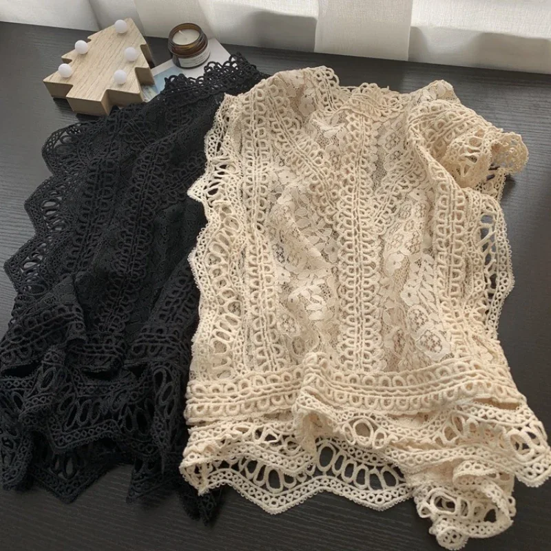 Women\'s Elegant Lace Blouse Shirt Short Sleeveless Crochet Hollow Out Mesh Tops