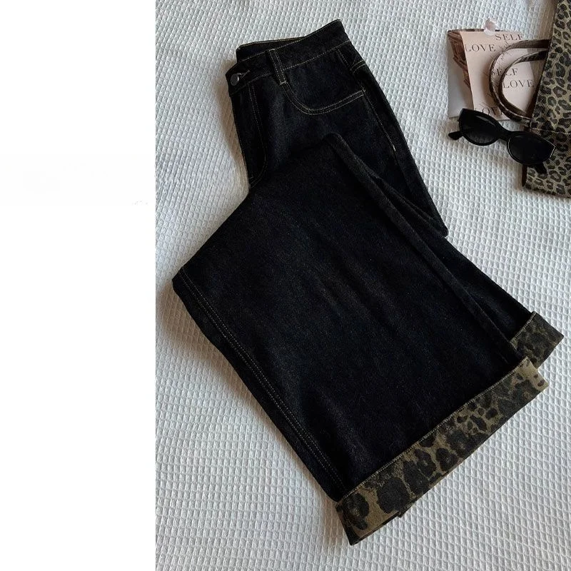 

Retro Large Size 300 Pounds Leopard Print Cuffed Denim Pants Straight Wide Leg Jeans for Men And Women Spring Black Youth Fas...