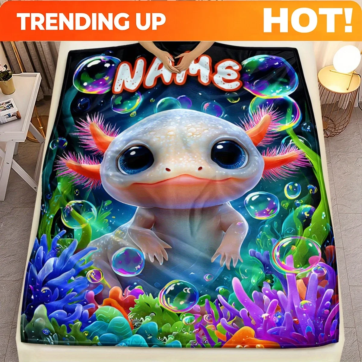 Customization Personalized 1pc Name/Text, Axolotl With Bubbles Printed Blanket, Suitable For Sofa, Bedroom, Living Room, Bed, Co