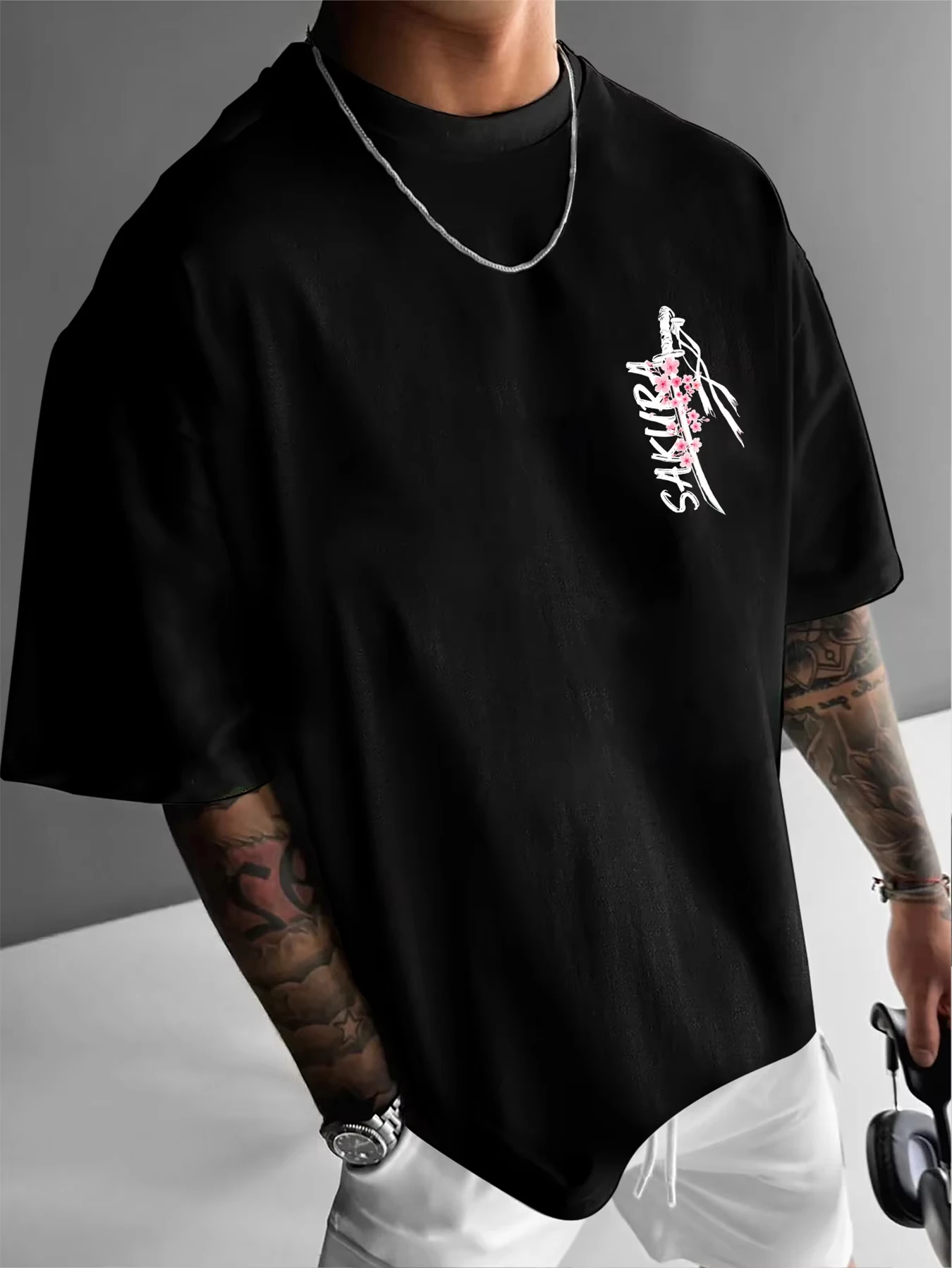 2026 Men's New Summer T-shirt with Purple Flower Samurai Sword Pattern Suitable for Daily Wear Cotton Material Versatile