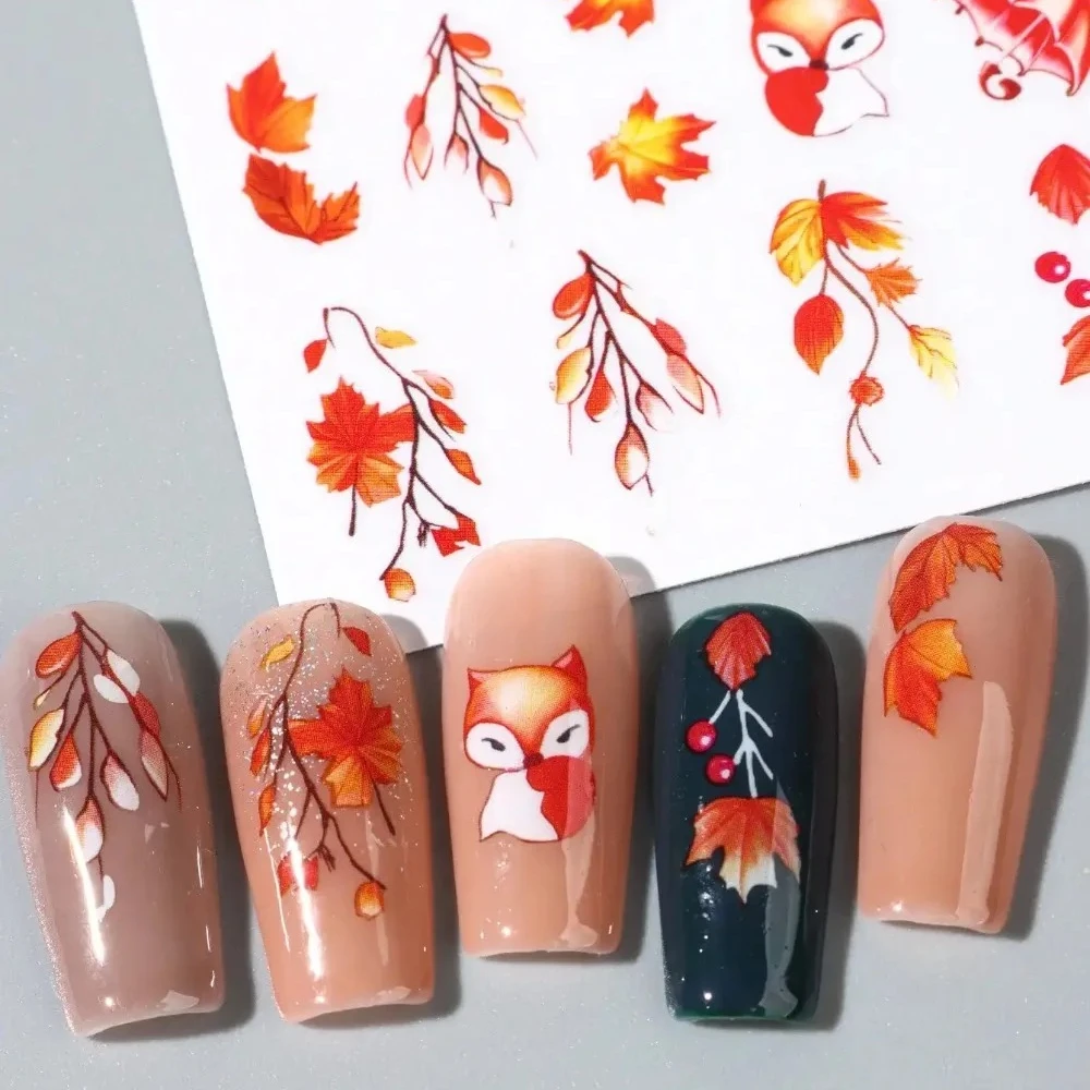 

FULL BEAUTY 3pcs/Set Fall Leaves Nail Stickers Maple Leaf Cute Fox Pumpkin Pine Cones Mushroom Autumn Nails Decals For Women