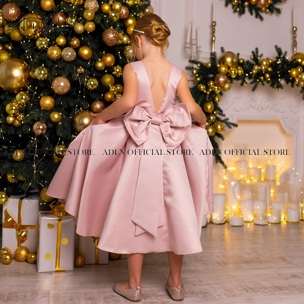 Adln jewel satin santamente primeira comunhão vestidos a linha vestido da menina flor até o chão sem costas rosa ano novo vestido de festa