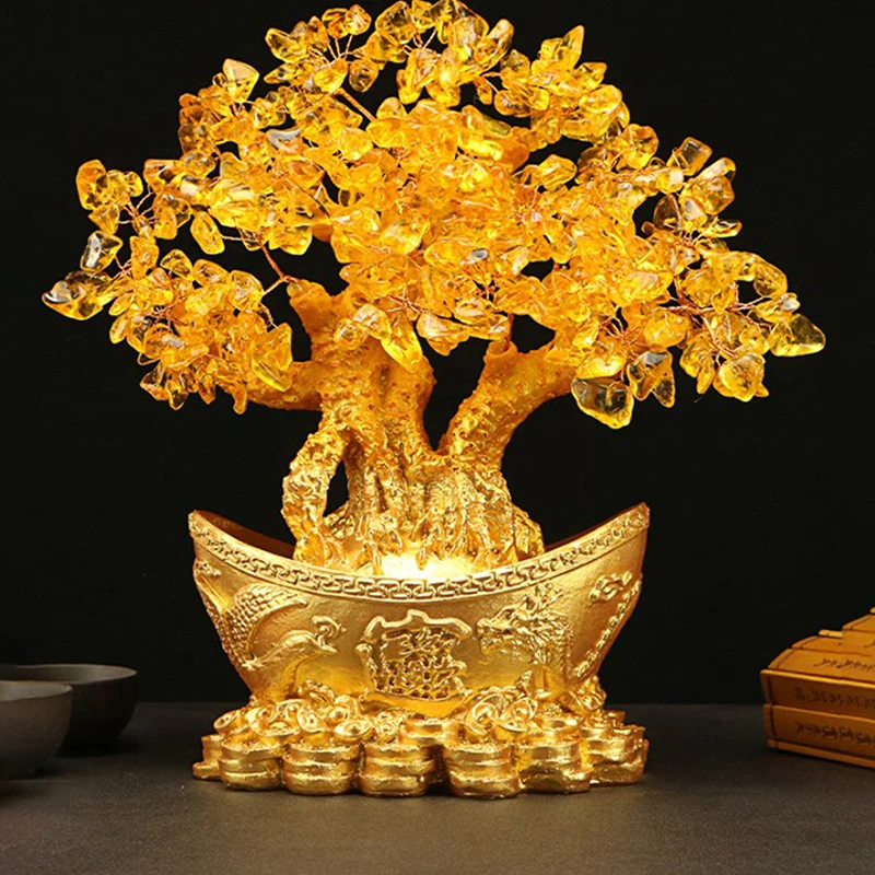 Árvore chinesa do dinheiro da sorte para decoração de mesa, língua dourada, ornamento de cristal, fortuna, riqueza, casa, escritório, artesanato de mesa