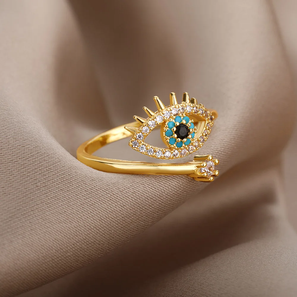 Zircon Evil Eye Rings For Women Gold Color Stainless Steel Evil Eye Finger Ring Lucky Turkish Wedding Waterproof Jewelry Gift