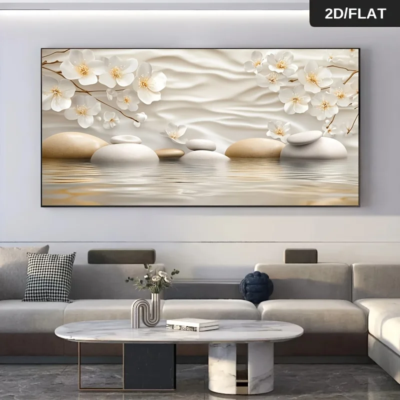 

Frameless Modern Canvas Wall Art Elegant Floral Pebbles & White Blossoms Design Print for Living Room, Bedroom, Canvas Wall Art