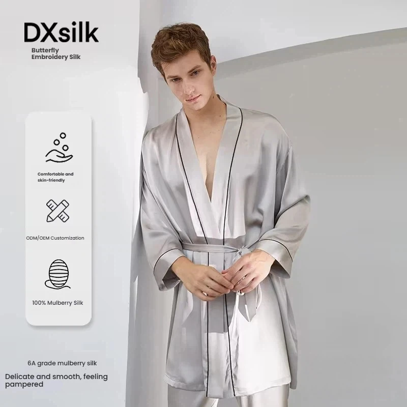 Luxury Heavy Mulberry Silk Men Robe Set Long Pajamas With Belt,Solid Minimalist Style 100% Silk Homewear Trousers 2Pcs