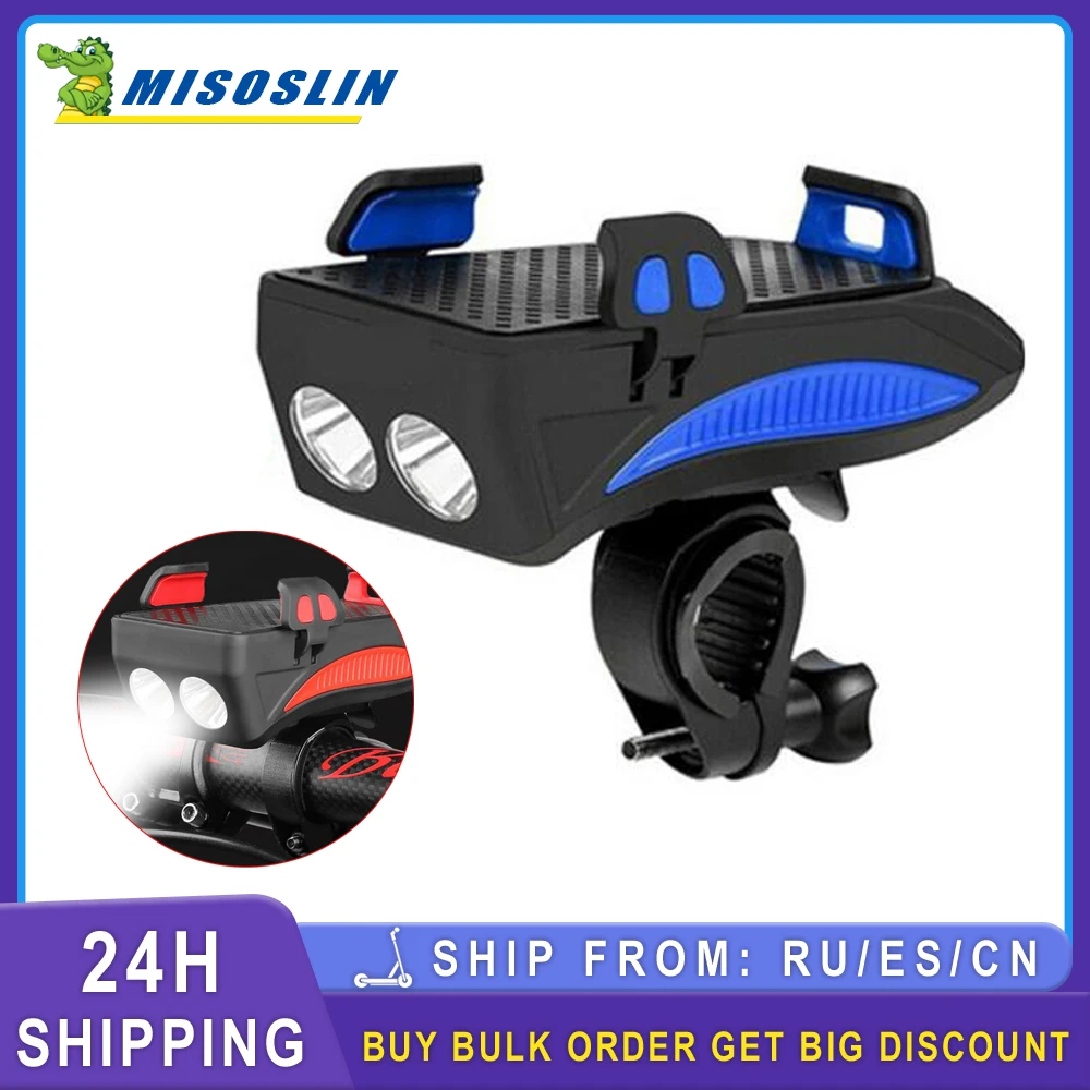 

4 In1 Bicycle Front Light USB Rechargeable Power Phone Holder Bike Horn MTB Flashlight Waterproof Headlight Cycling Power Parts