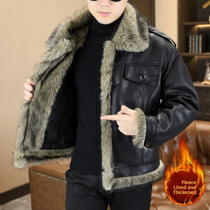 

High Quali Fce Lined Thiened Leather Jaet Men's Faionable Versatile Winter Outerwear Warm Sli Long Sve Coat