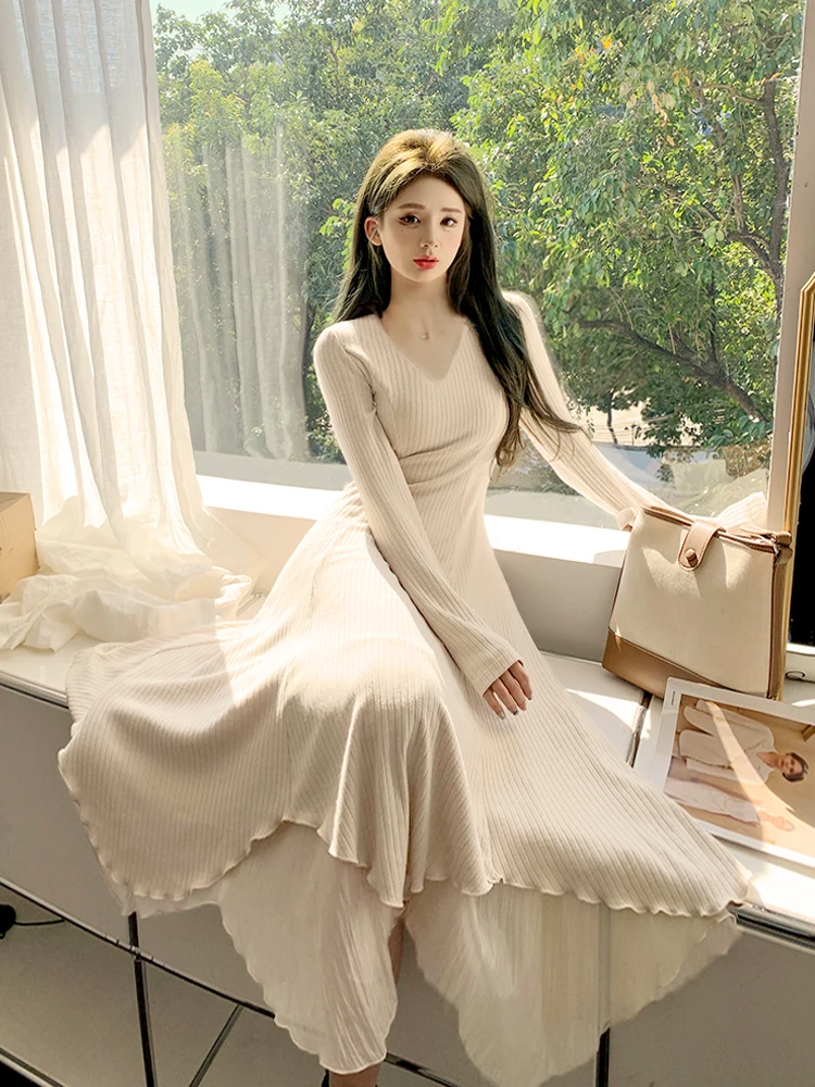 

Женское вязаное платье-свитер для осени и зимы, в стиле костюма, с асимметричным подолом, базовое платье для ношения под пальто