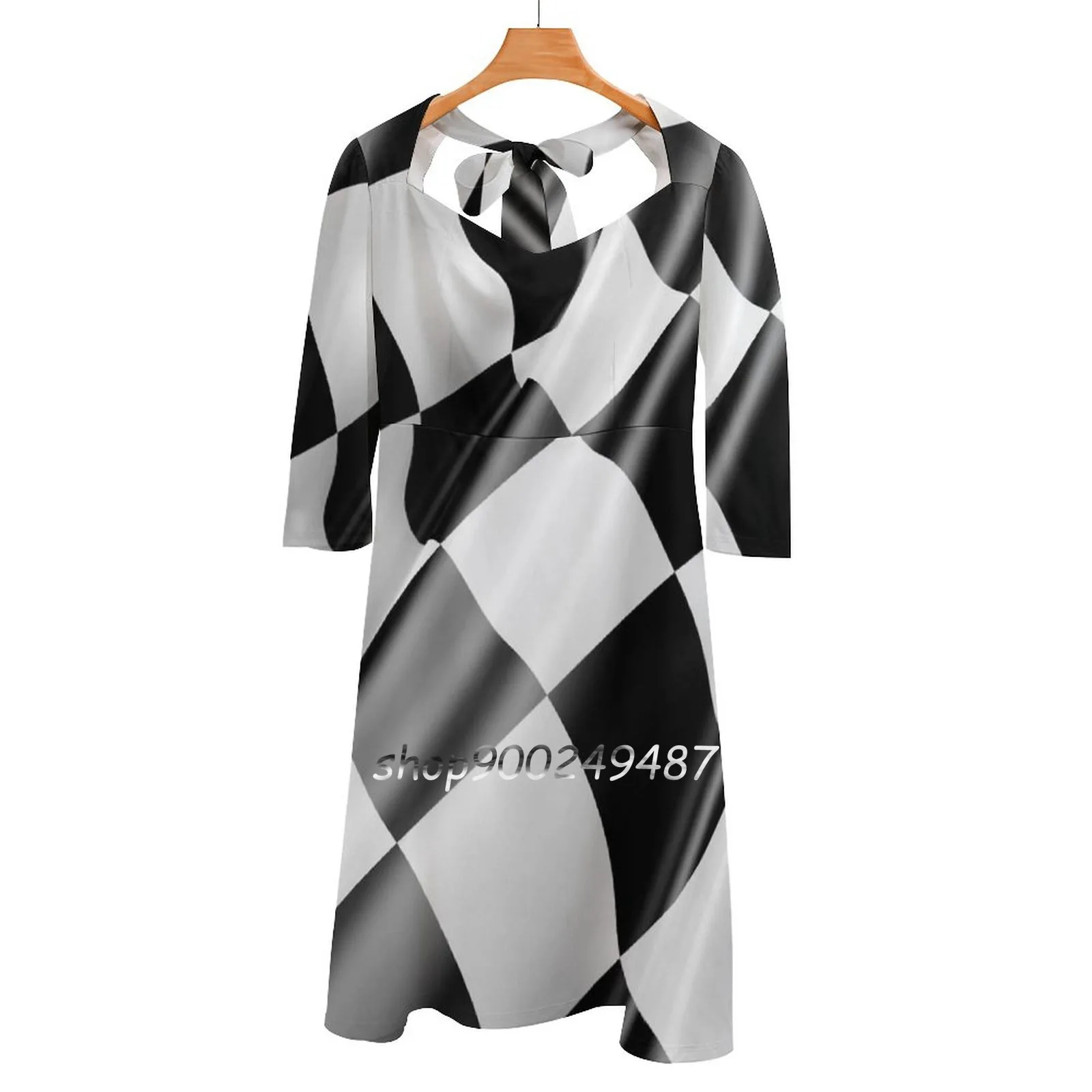 Checkered Flag. Cloth , Win , Winner , Chequered Flag , Square Neck Dress Cute Loose Print Dresses Elegant Beach Party Dress