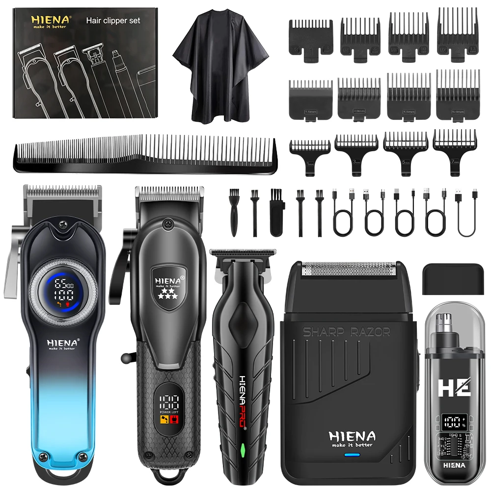 HIENA 4in1 Hair Clipper Barber Trimmer Foil Shaver Nose Trimmer Men Grooming Kit USB LCD Haircut Tools Cape Combs