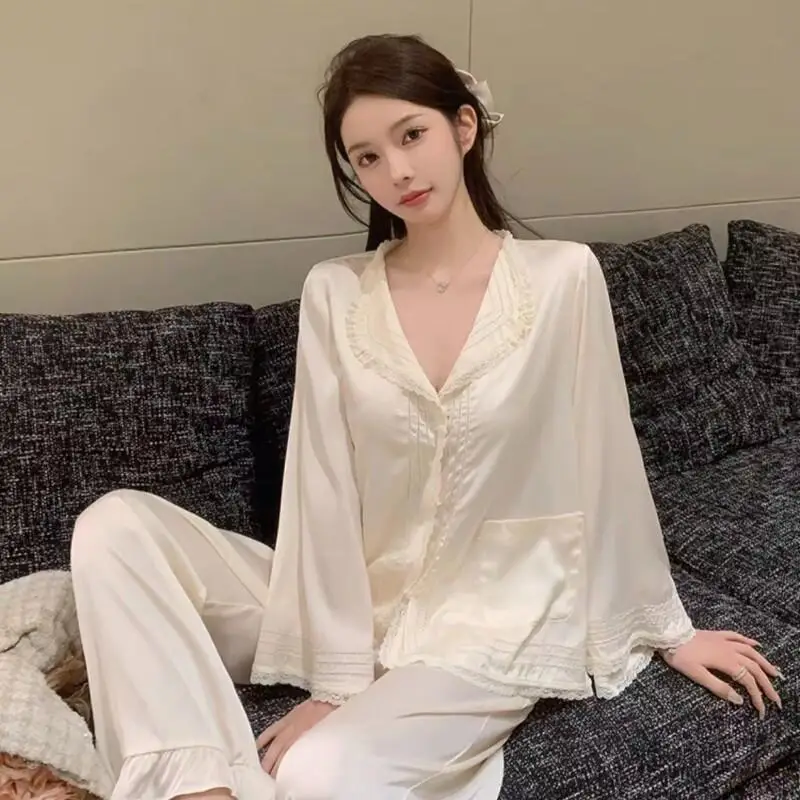 

New Hot Pure Desire Long Sleeve Pajamas Set Ice Silk Women Spring Home Loungewear Sweet Lace Royal Style In Stock Benefit Price