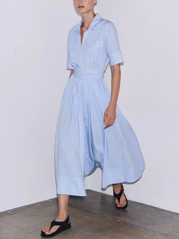 

Women's irt Dr with Belt ort Sve Striped antung Fabric 2025 Spring Season Chic Sle Four Seasons Universal