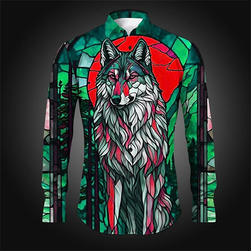 

Stained Window Wolf Men's Casual Comfort Shirt Party Street Vacation Spring Summer Lapel Long Sleeve Shirt