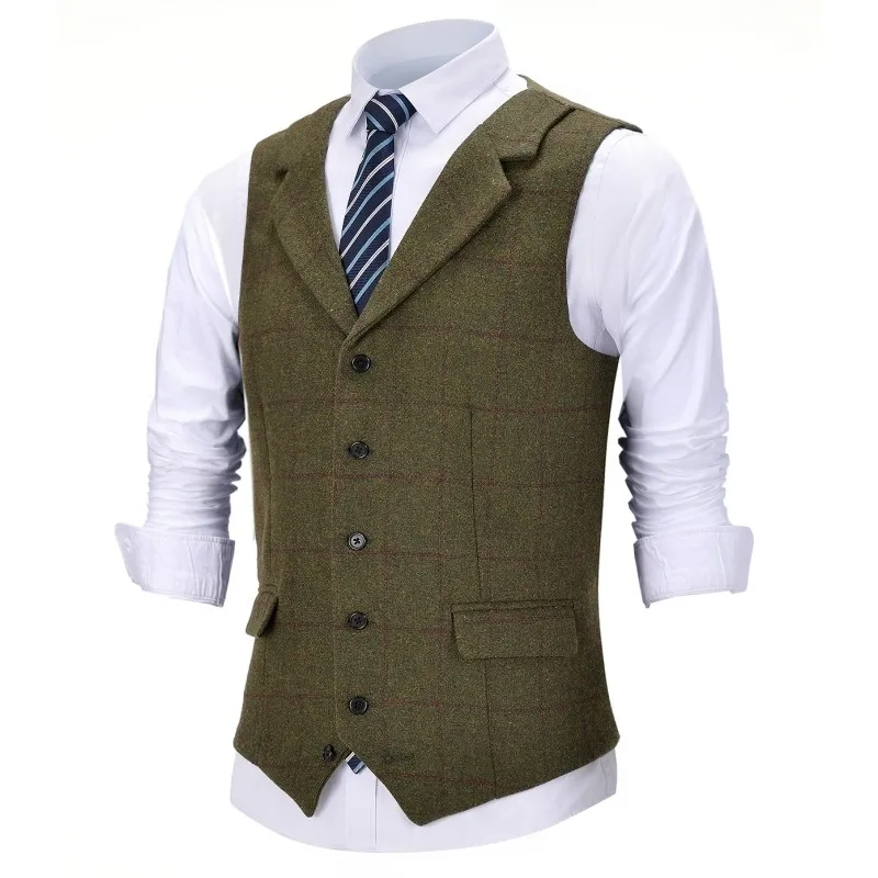 

Herringbone Men Vest Green Vintage Plaid Vest Wool Tweed Suit Notch Lapel Waistcoat Groomsmen For Wedding Work Suit