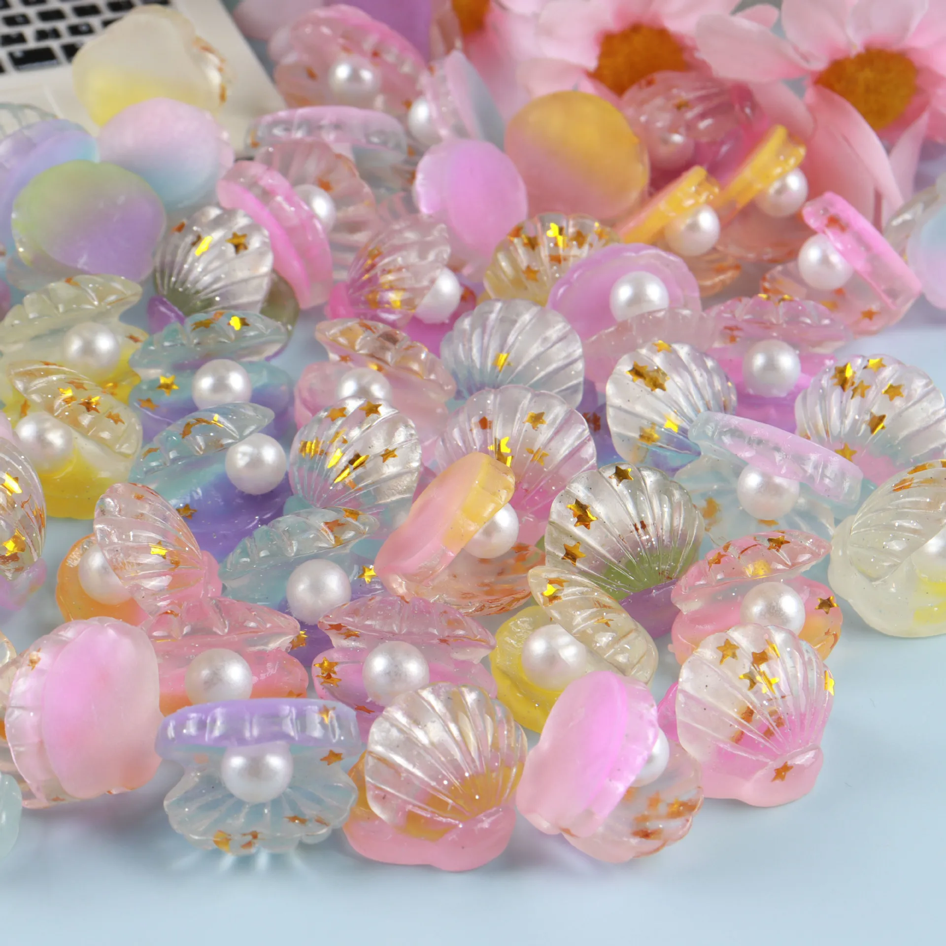 10PCS Glitter Bunte Harz 3D Offene Perle Shell Flatback Cabochon Sammelalbum DIY Zubehör Wohnkultur Figur Handwerk