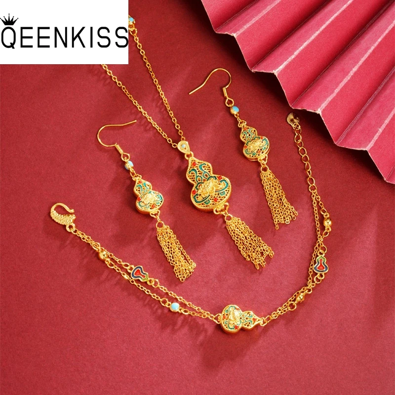 QEENKISS Gold Calabash Necklace+Bracelet+Earrings For Women Wedding Party Birthday Christmas Bride Mother Girl Lady Gifts JS577