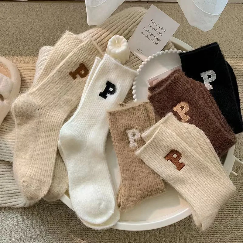 Women Socks  Alphabet Embroidery Autumn Winter Thickened Warm Mid-tube Wool Socks Fashion Everything Pile Socks