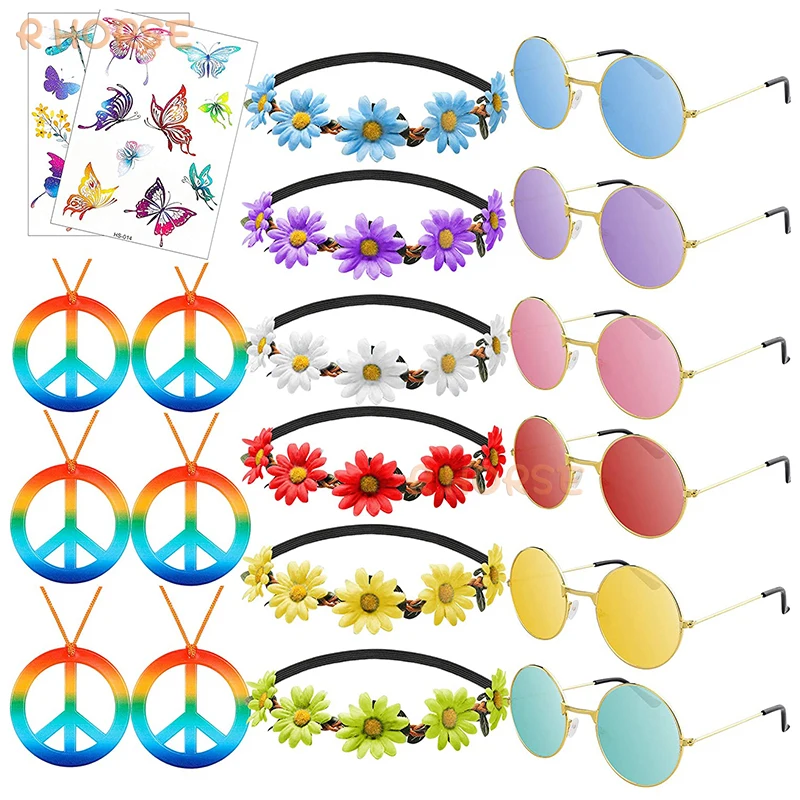 Conjunto de disfraz Hippie de 20 piezas para fiesta, tocado de girasol, gafas de sol, Tatuajes Temporales de mariposa, pegatinas, collar Retro