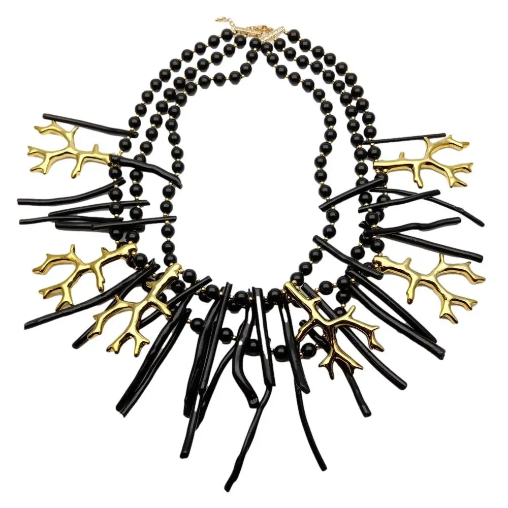 

Y.YING Black Coral Golden Resin Branch Onyx Statement Necklace Handmade Women Jewelry