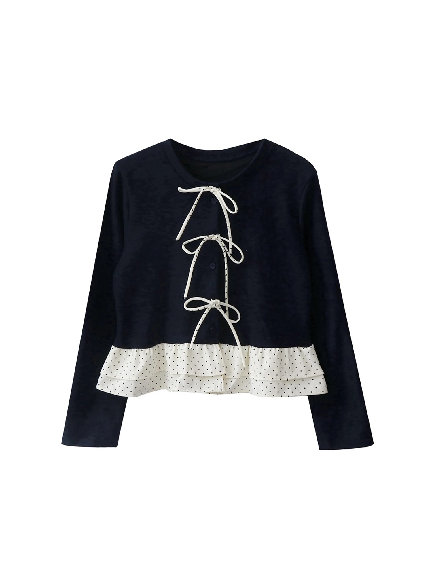 

Женская темно-синяя футболка с бантом Y2k, винтажная футболка Harajuku Gyaru, топ с длинными рукавами, оверсайз, лоскутная футболка в горошек, одежда 2000-х годов