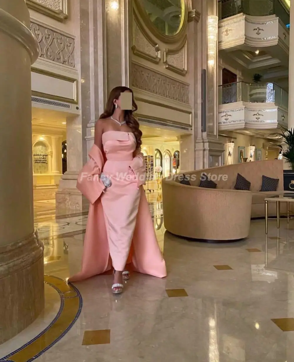 Fancy Elegant Pink Strapless Mermaid Evening Dress Saudi Arabia Ankle Length Sleeveless Prom Gown With Long Shawl Custom Made