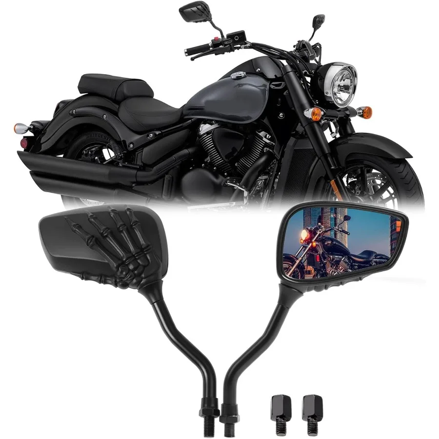 

Black 8mm 10mm Motorcycle Skull Skeleton Rearview Side Mirrors for Scooter Chopper Bobber Custom Motorcycle Accessories with Bo