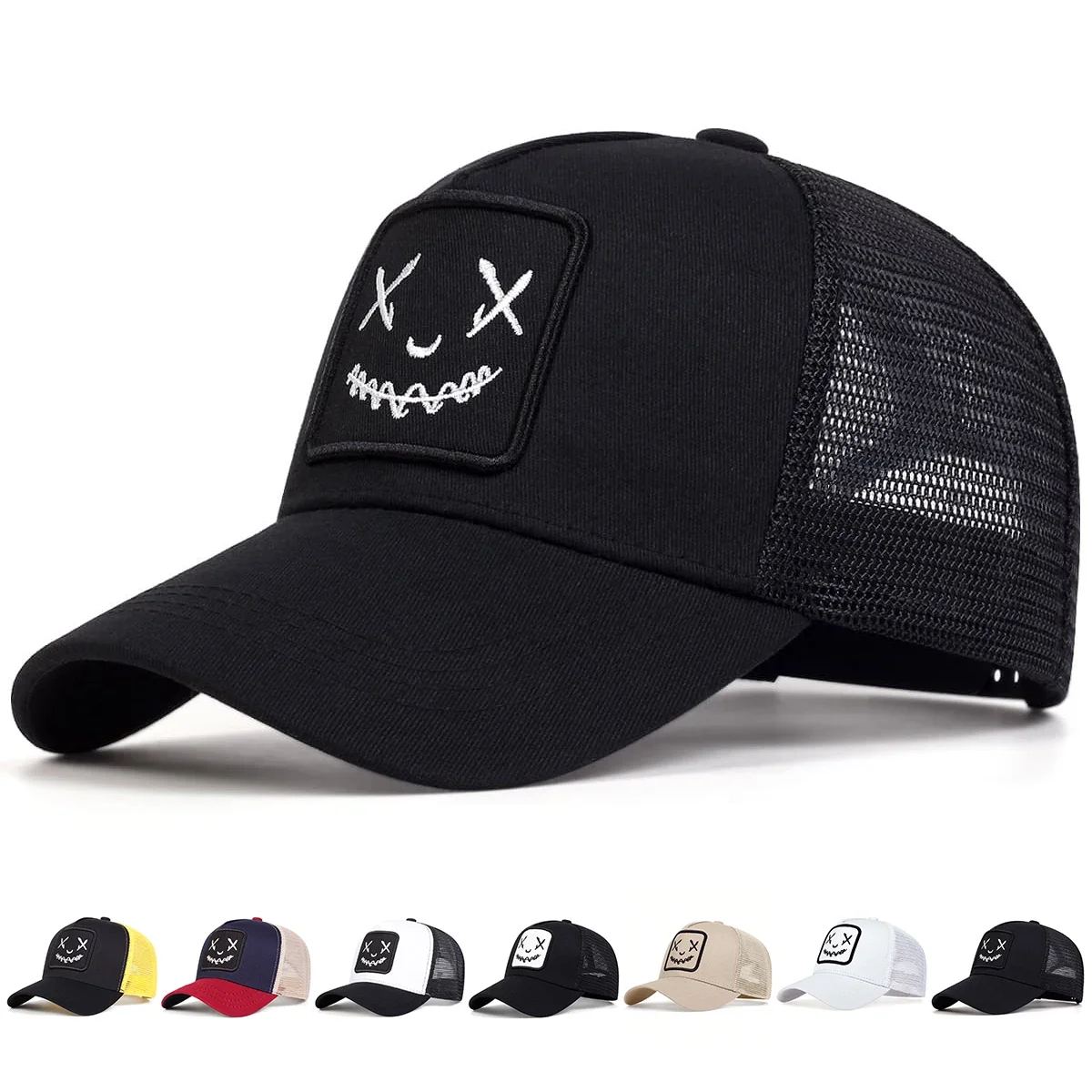 Gorras de Béisbol Bordadas con Cara Sonriente para Hombre y Mujer, Gorras Ajustables de Algodón con Cierre a Presión, Gorra de Malla Hip Hop, Gorra de Verano para Exteriores, Gorras de Papá