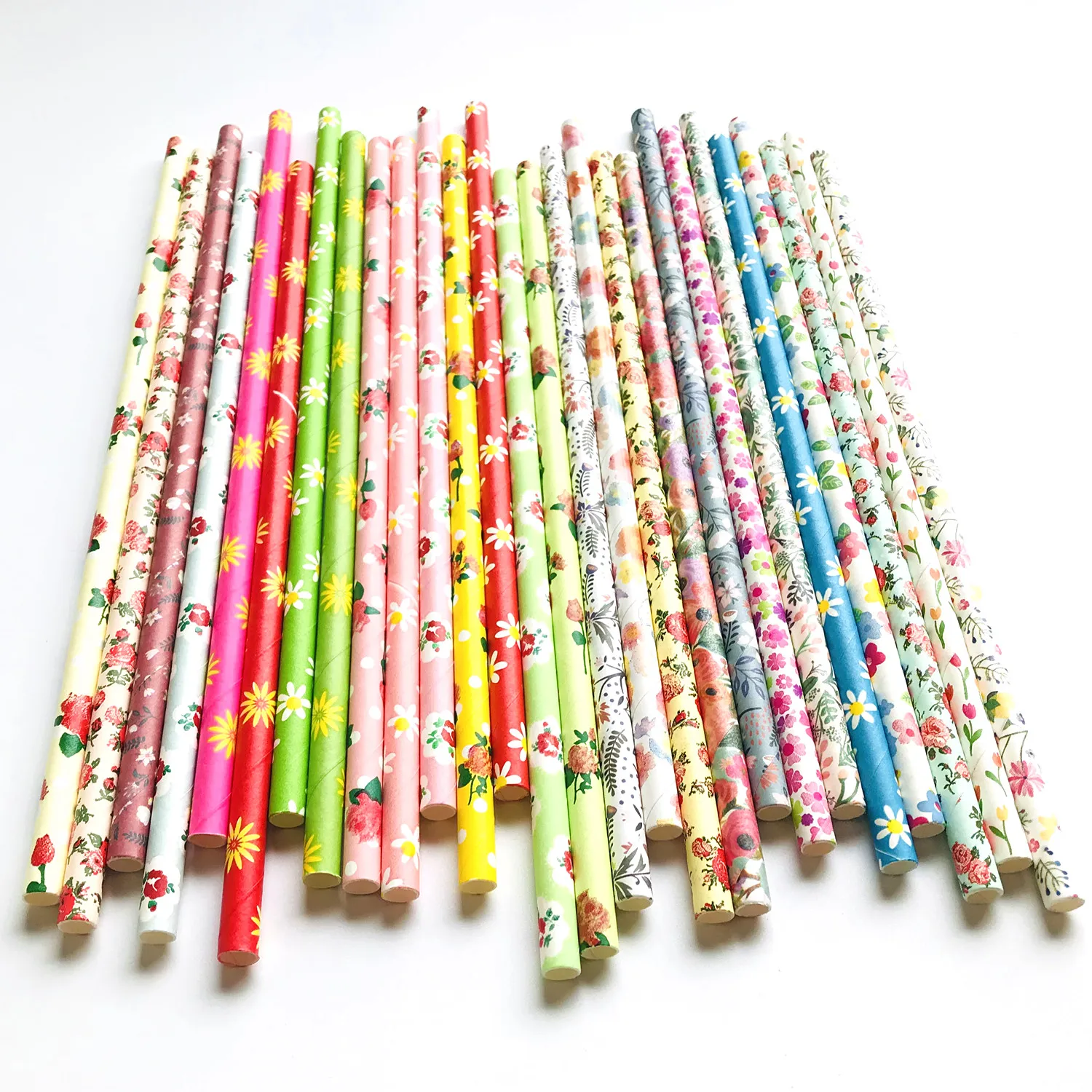 100 Pcs Flower Print Paper Straws,Colorful Green Pink Red Yellow Blue Rose Ditsy Floral Daisy Drinking Garden Tea Party Spring