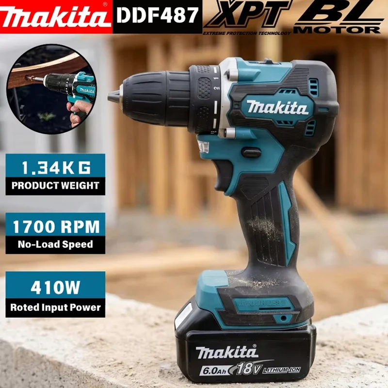 Furadeira Sem Fio Makita DDF487, Chave de Impacto Elétrica Sem Escovas, Ferramenta Recarregável de 18V