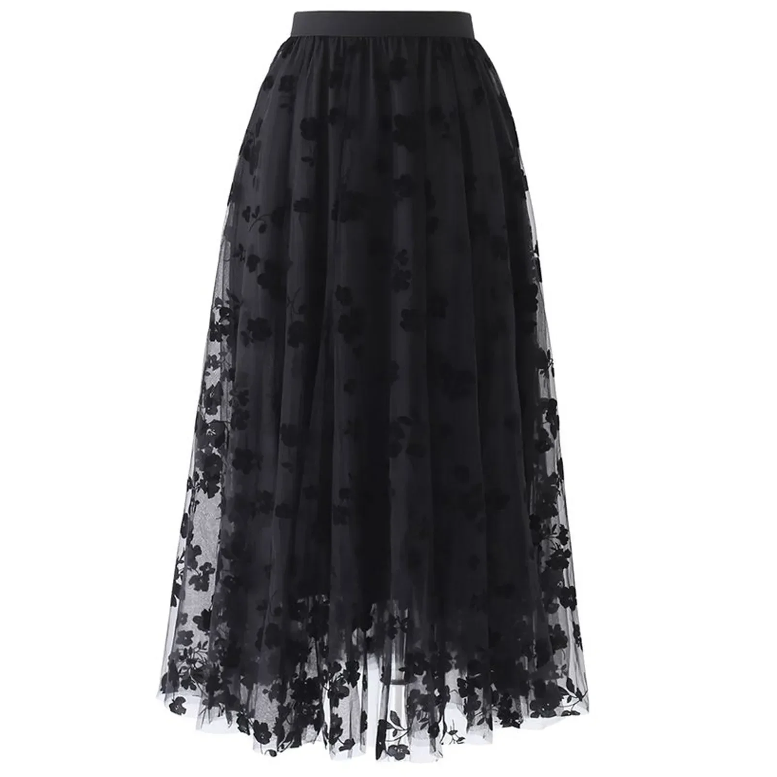 

High Waist Long Mesh Skirt Posy Double-Layered Mesh Elastic Midi Skirt A-lineFemale Midi Skir Gothic Long Skirts for Women