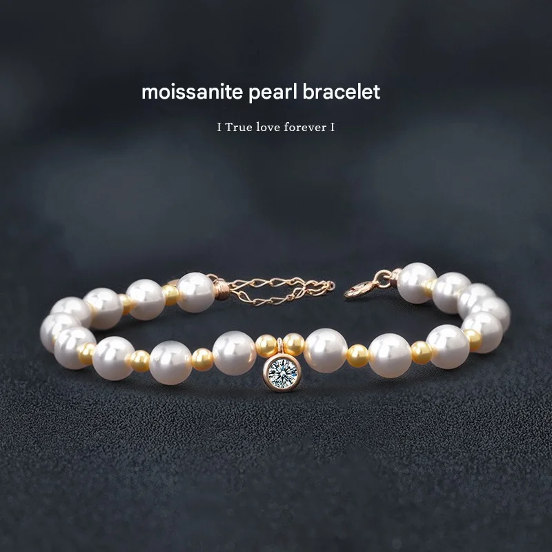 

925 Silver Moissanite and Pearl Bracelet Simple Exquisite Jewelry Wedding Party Gift for Women Girls Fashion